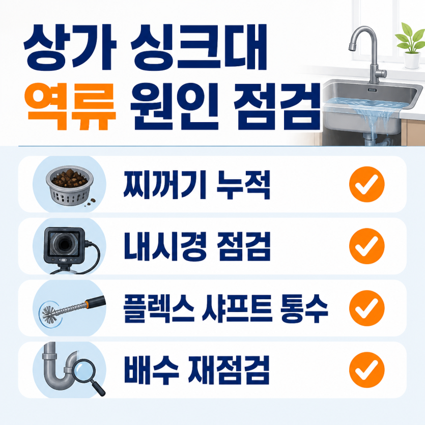 상가 싱크대 역류 원인과 배관 통수 점검