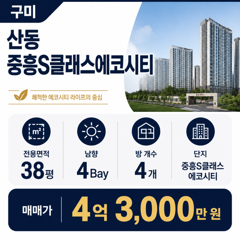 구미 산동 38평 남향 4Bay 방4개 매매