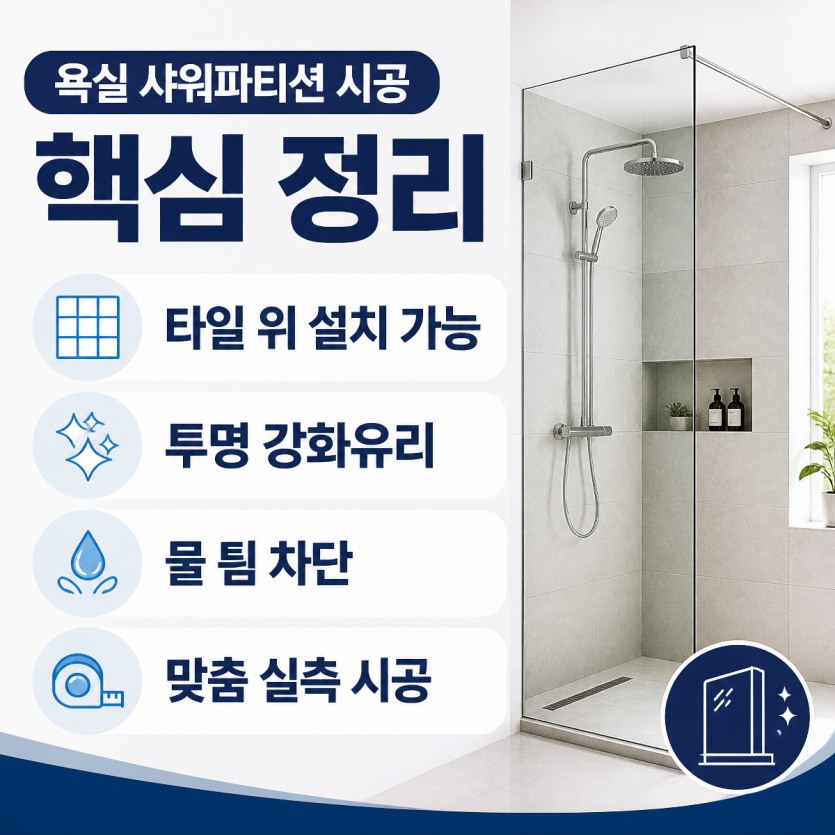 타일 위 맞춤 샤워파티션 시공