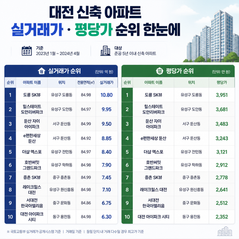 대전 신축 아파트 실거래가·평당가 순위 한눈에