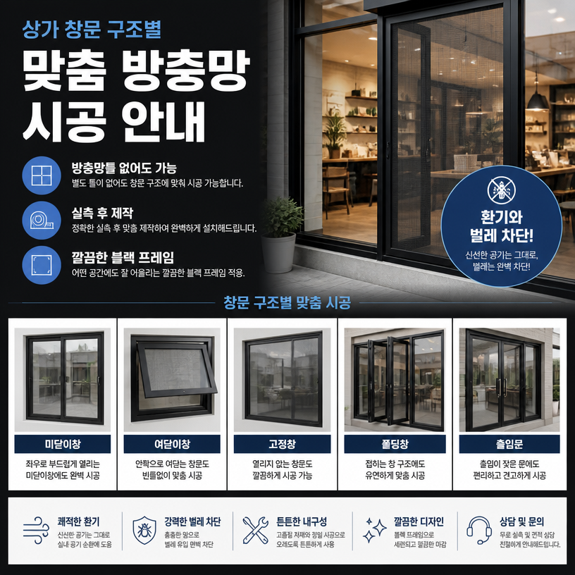 상가 창문 구조별 맞춤 방충망 시공 안내
